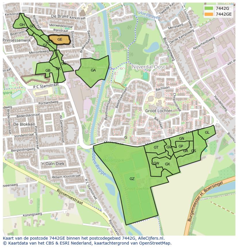 Afbeelding van het postcodegebied 7442 GE op de kaart.