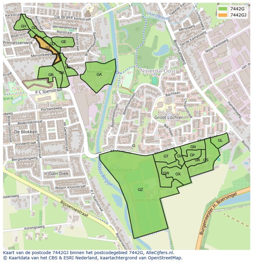 Afbeelding van het postcodegebied 7442 GJ op de kaart.