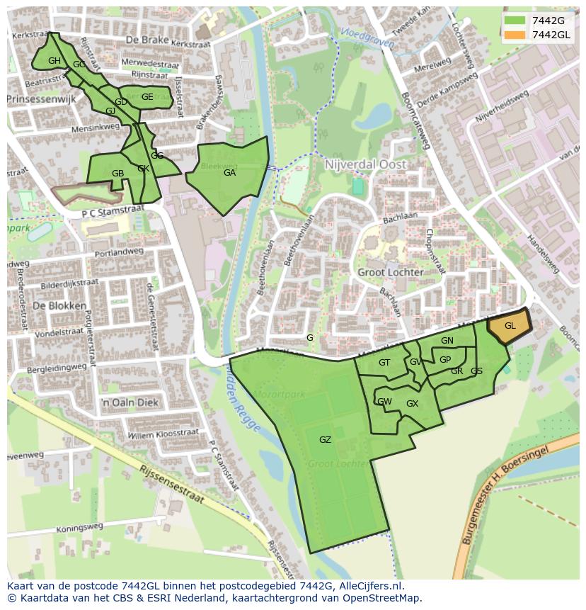 Afbeelding van het postcodegebied 7442 GL op de kaart.