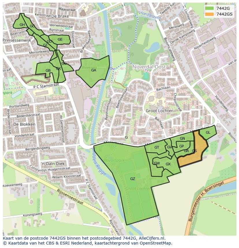 Afbeelding van het postcodegebied 7442 GS op de kaart.