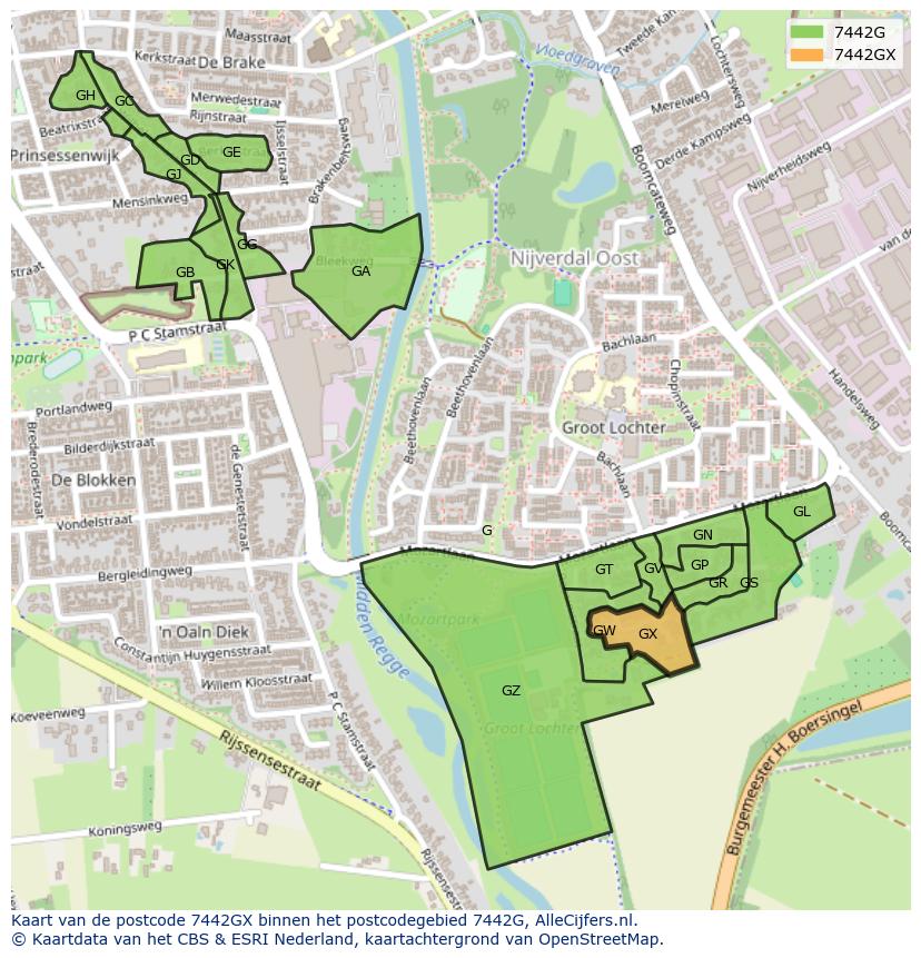 Afbeelding van het postcodegebied 7442 GX op de kaart.