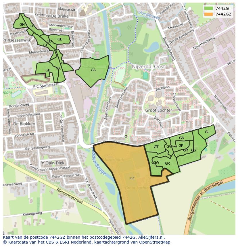 Afbeelding van het postcodegebied 7442 GZ op de kaart.