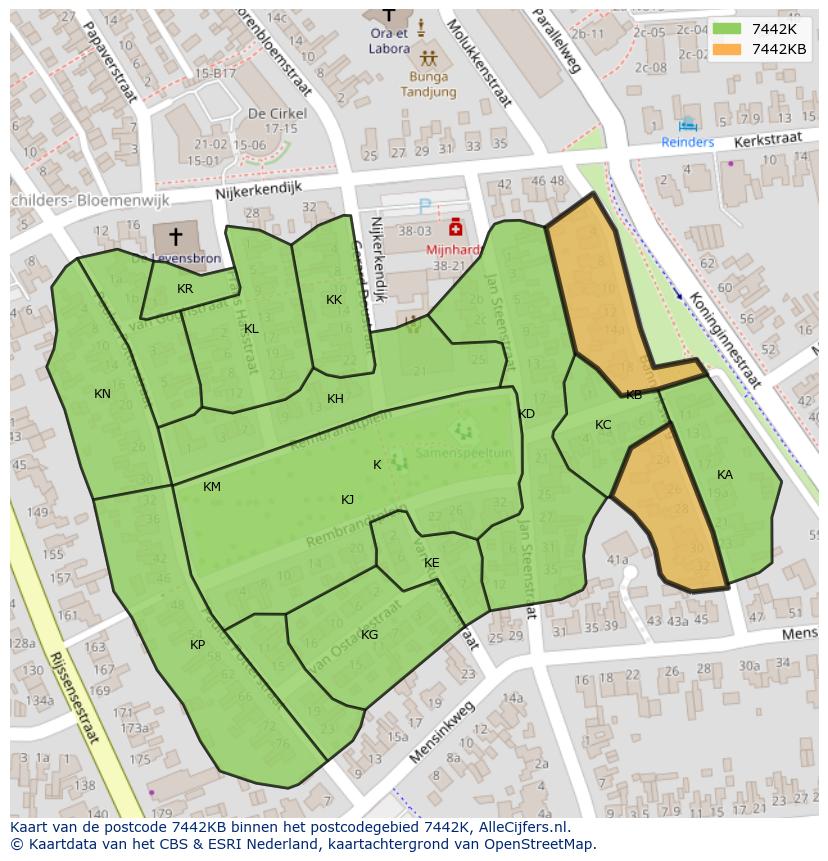 Afbeelding van het postcodegebied 7442 KB op de kaart.