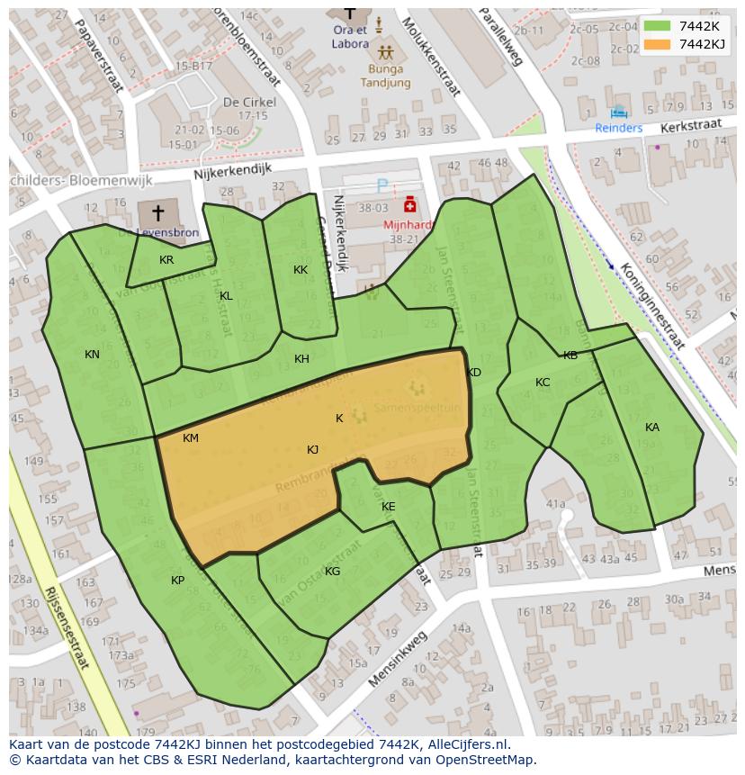 Afbeelding van het postcodegebied 7442 KJ op de kaart.
