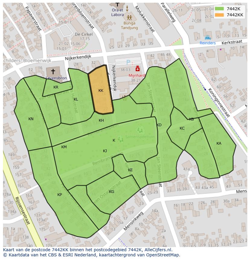 Afbeelding van het postcodegebied 7442 KK op de kaart.