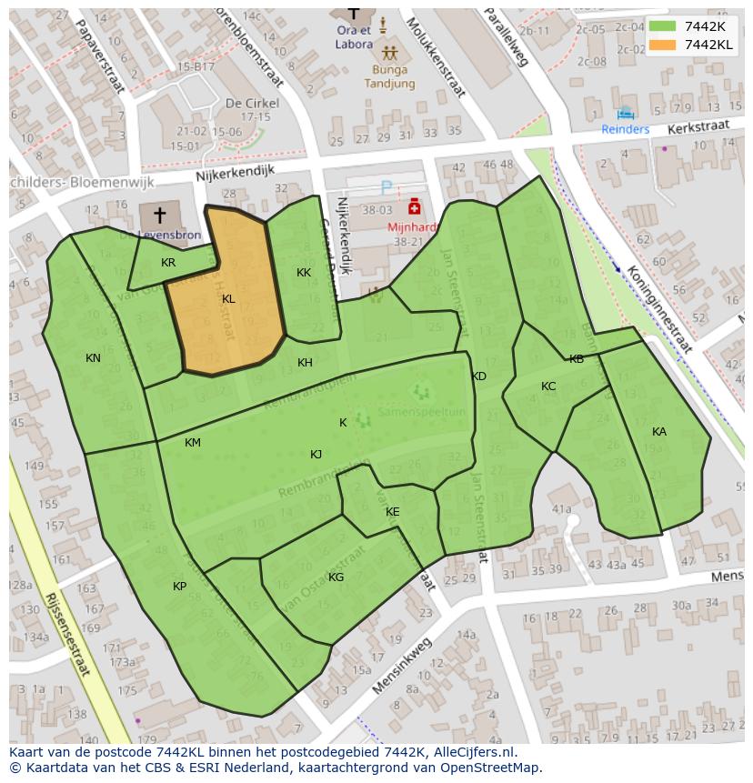 Afbeelding van het postcodegebied 7442 KL op de kaart.