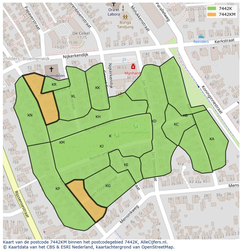 Afbeelding van het postcodegebied 7442 KM op de kaart.