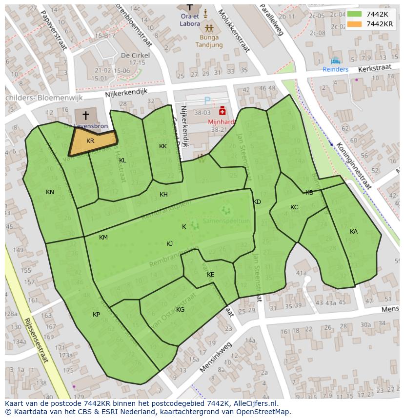 Afbeelding van het postcodegebied 7442 KR op de kaart.