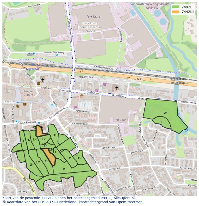 Afbeelding van het postcodegebied 7442 LJ op de kaart.