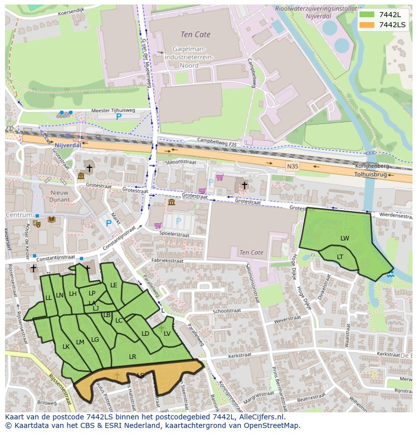 Afbeelding van het postcodegebied 7442 LS op de kaart.