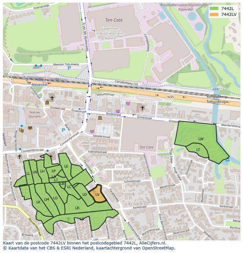 Afbeelding van het postcodegebied 7442 LV op de kaart.