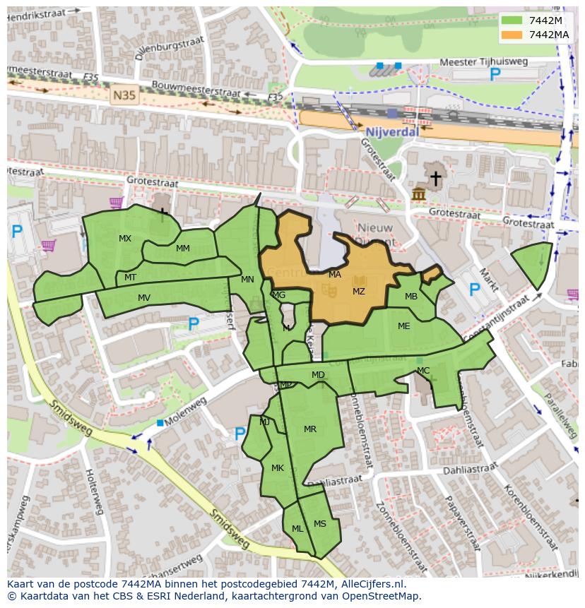 Afbeelding van het postcodegebied 7442 MA op de kaart.