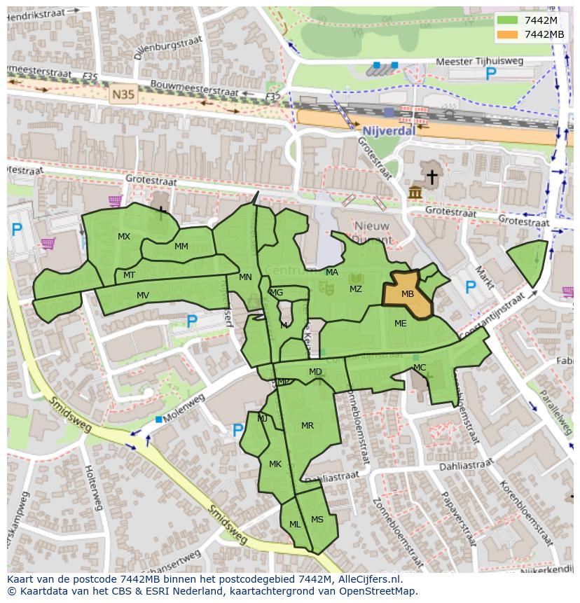 Afbeelding van het postcodegebied 7442 MB op de kaart.