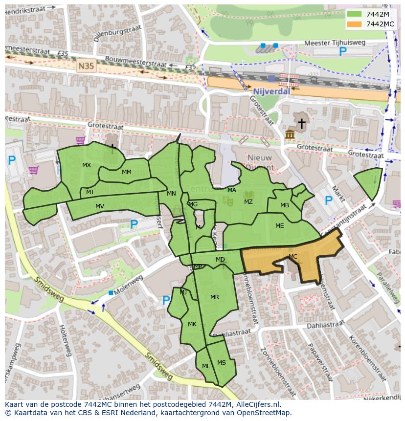 Afbeelding van het postcodegebied 7442 MC op de kaart.