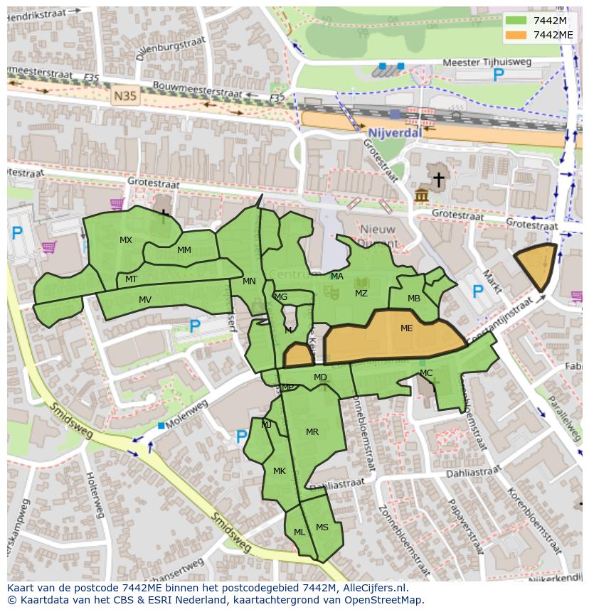 Afbeelding van het postcodegebied 7442 ME op de kaart.