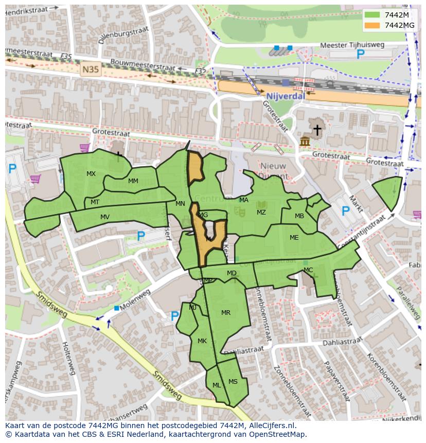 Afbeelding van het postcodegebied 7442 MG op de kaart.