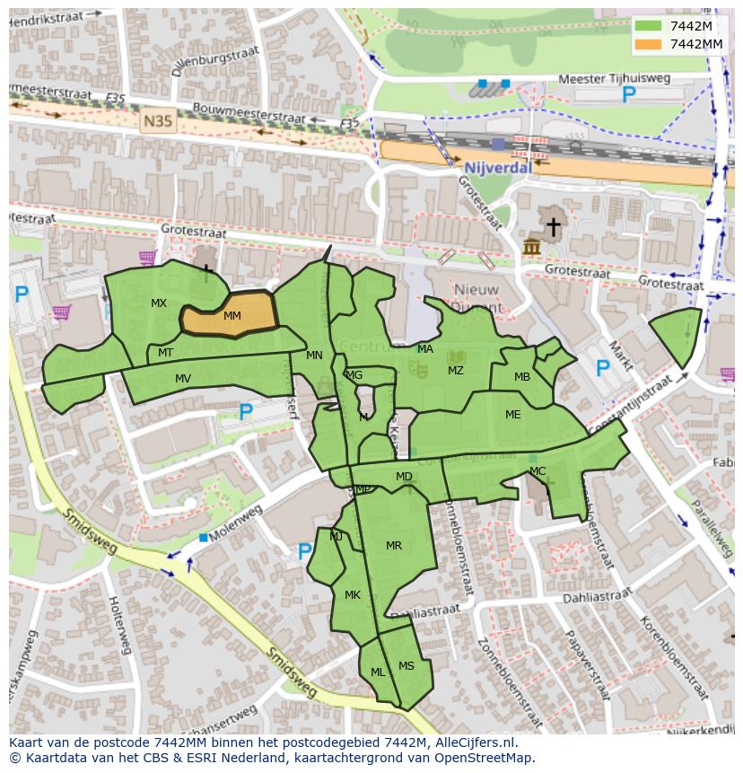 Afbeelding van het postcodegebied 7442 MM op de kaart.