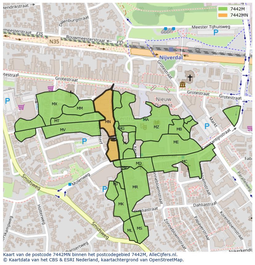 Afbeelding van het postcodegebied 7442 MN op de kaart.