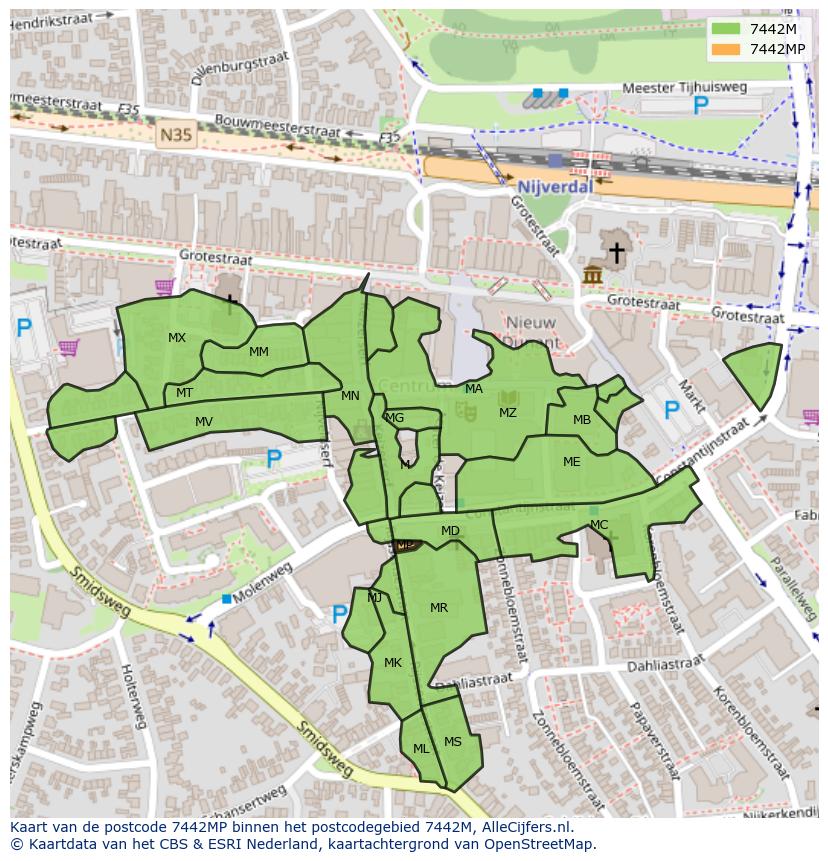 Afbeelding van het postcodegebied 7442 MP op de kaart.