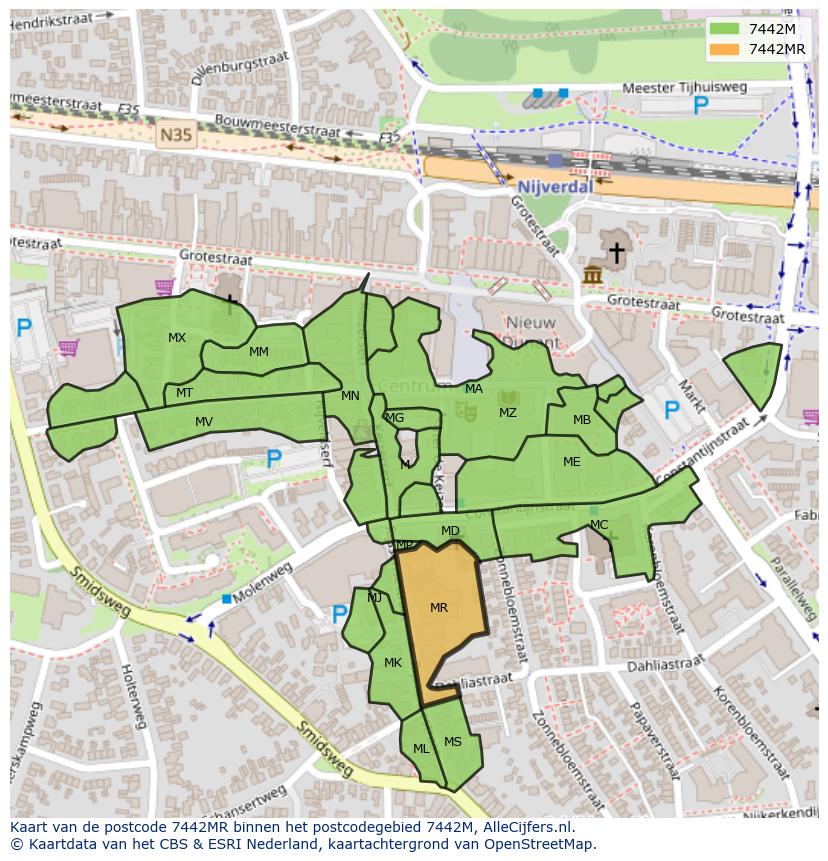 Afbeelding van het postcodegebied 7442 MR op de kaart.