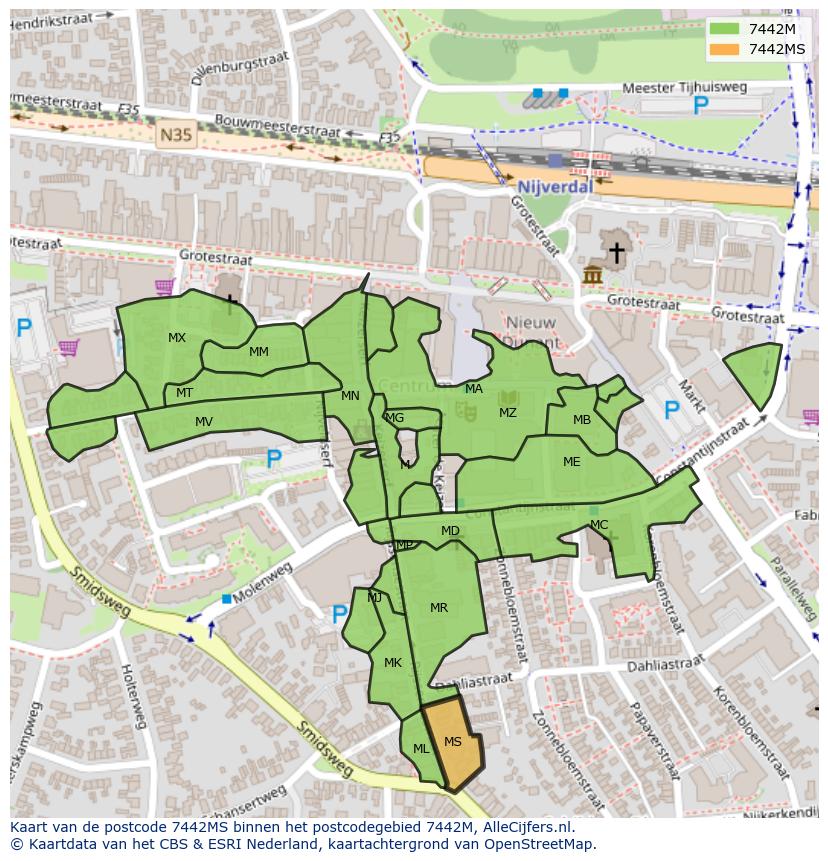Afbeelding van het postcodegebied 7442 MS op de kaart.