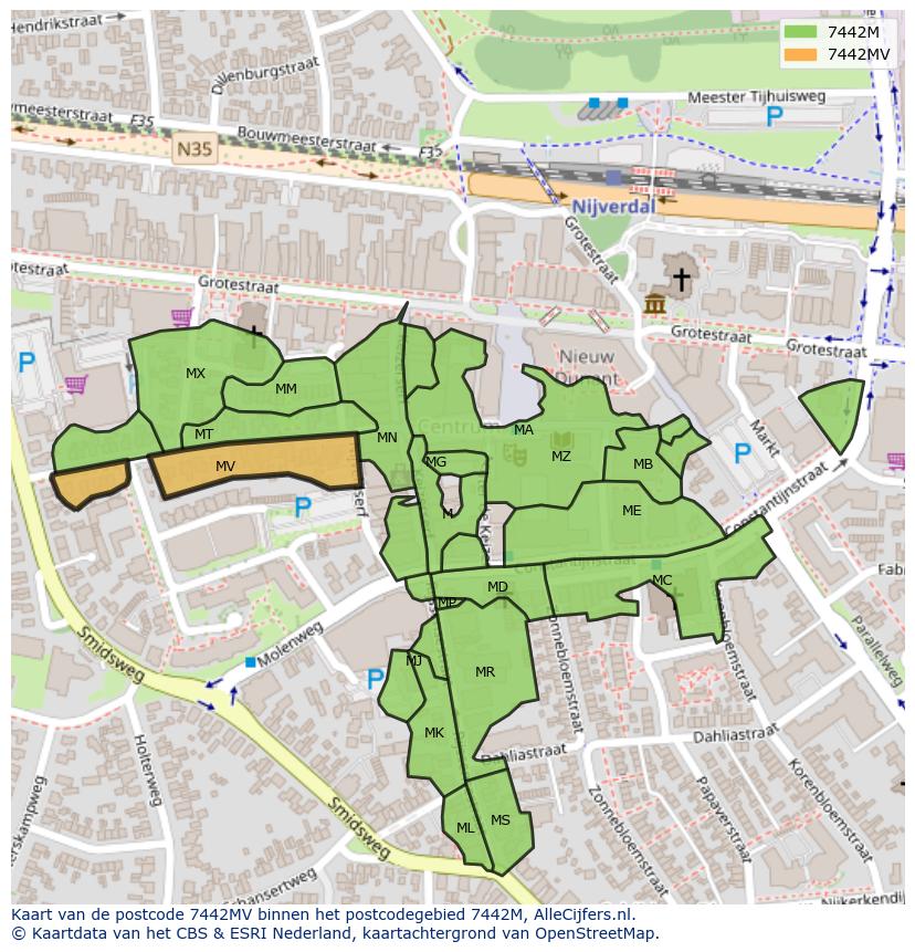Afbeelding van het postcodegebied 7442 MV op de kaart.