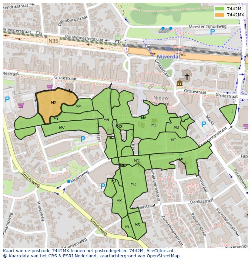 Afbeelding van het postcodegebied 7442 MX op de kaart.
