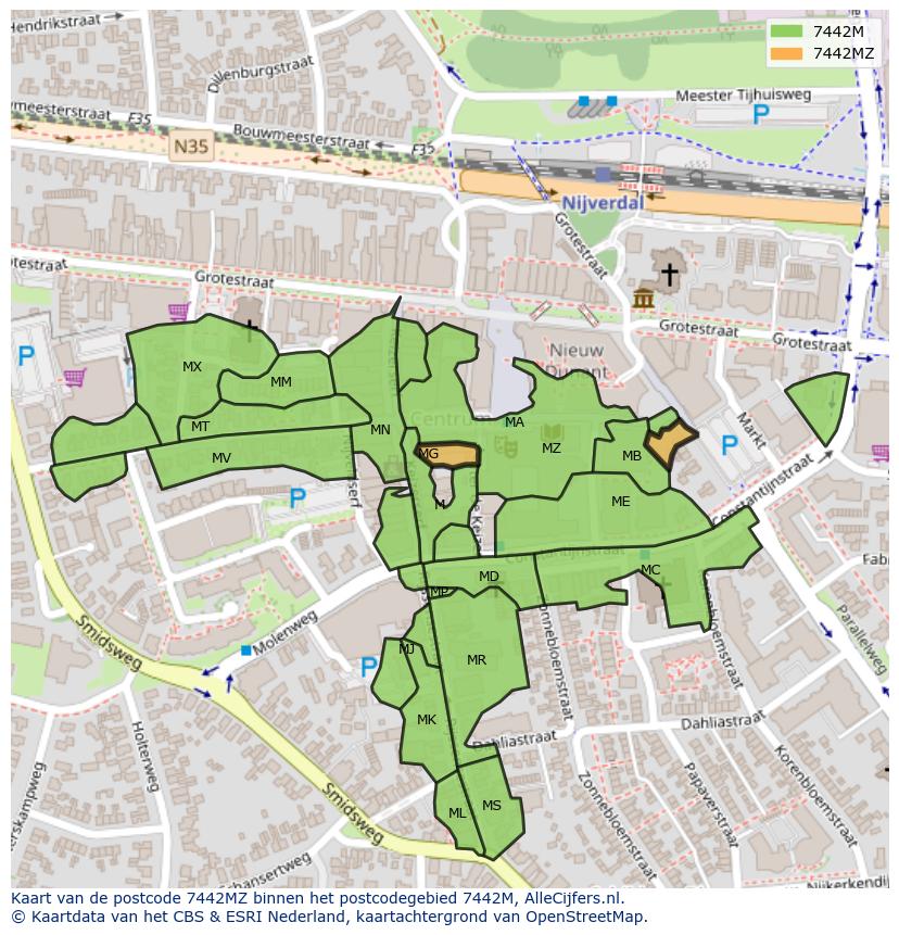 Afbeelding van het postcodegebied 7442 MZ op de kaart.