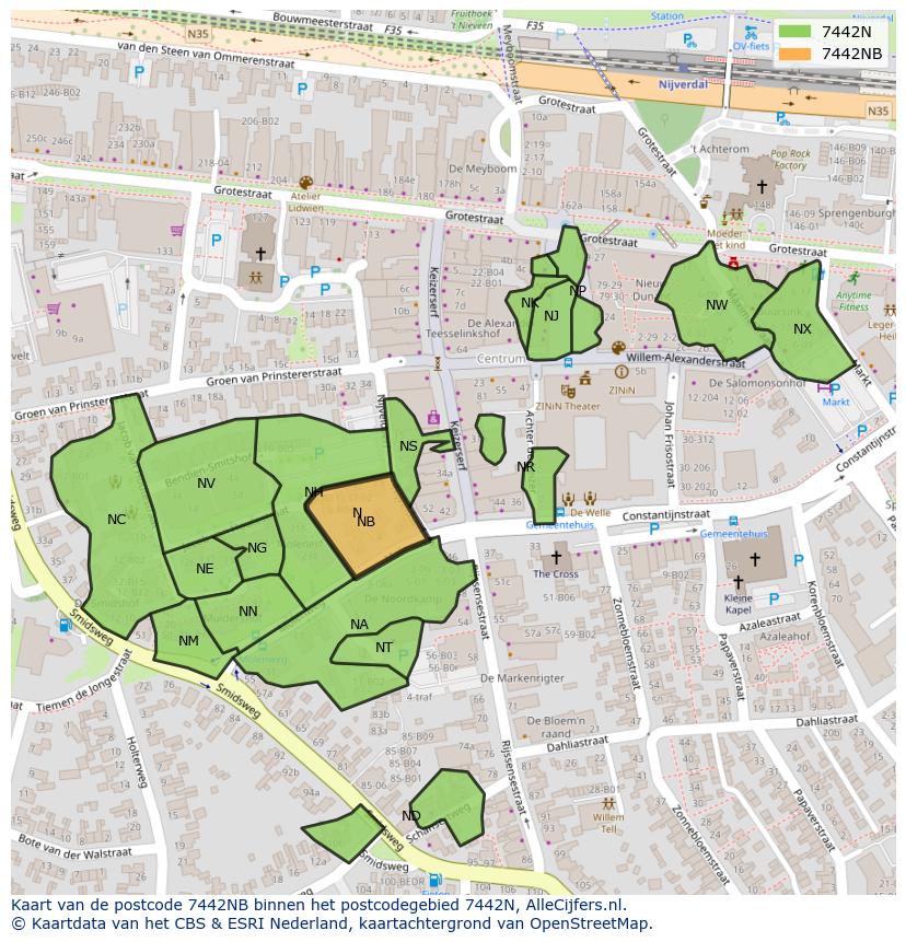 Afbeelding van het postcodegebied 7442 NB op de kaart.