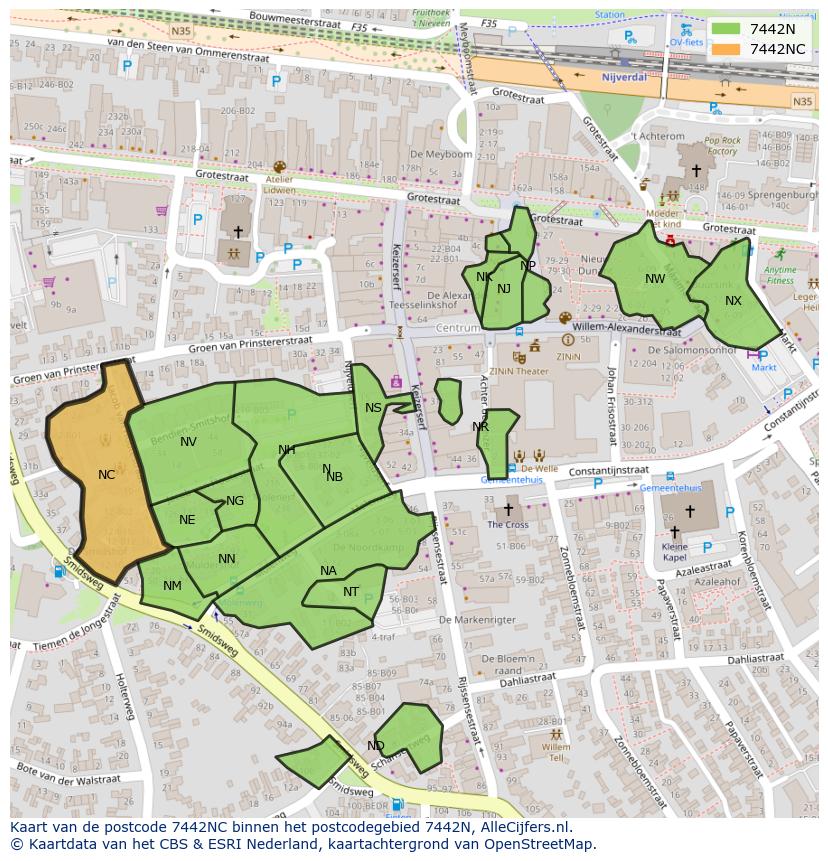 Afbeelding van het postcodegebied 7442 NC op de kaart.