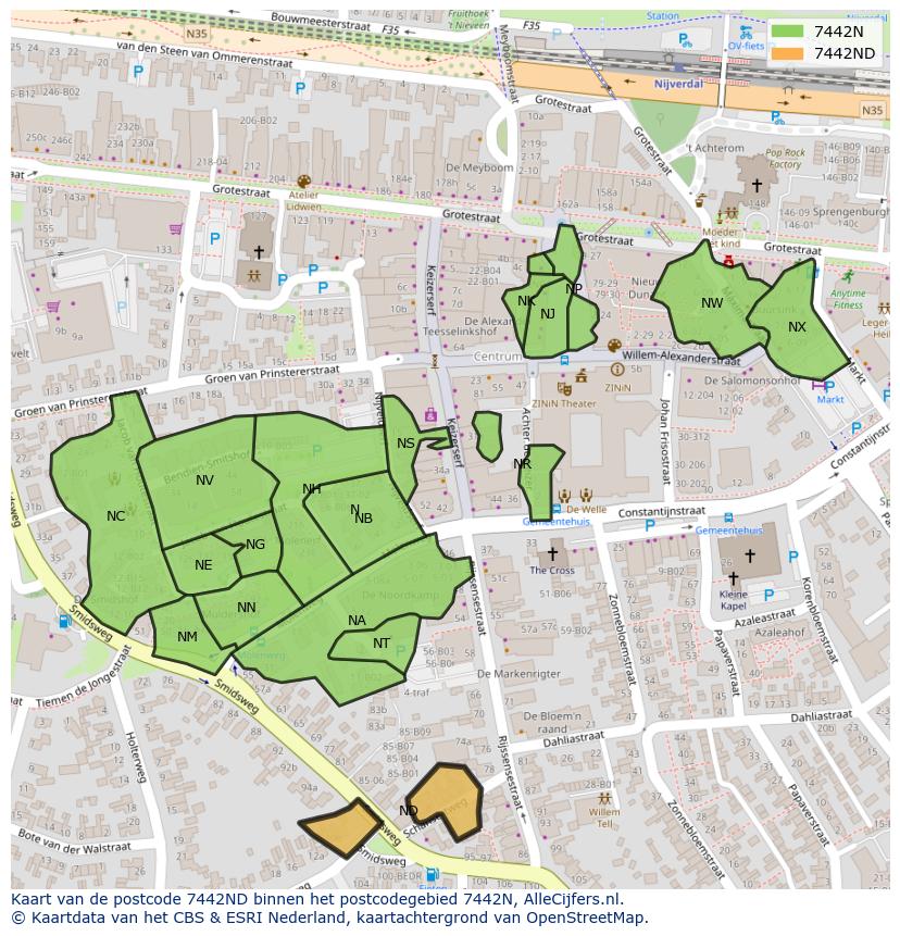 Afbeelding van het postcodegebied 7442 ND op de kaart.