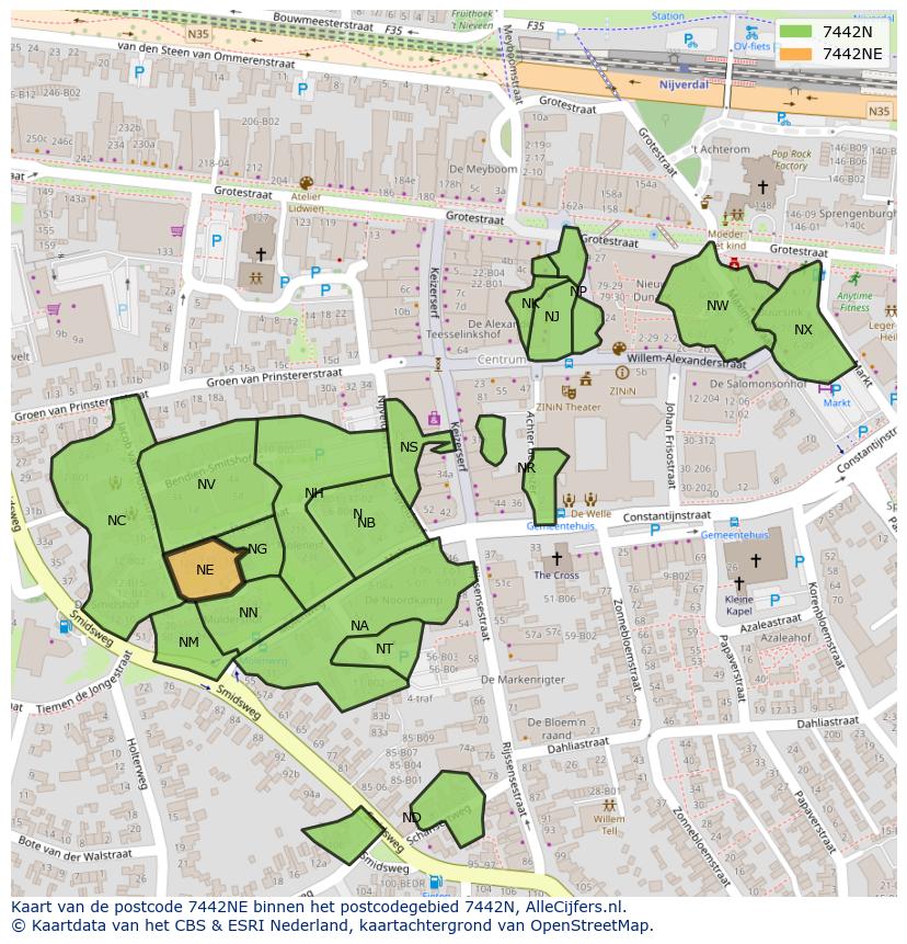 Afbeelding van het postcodegebied 7442 NE op de kaart.