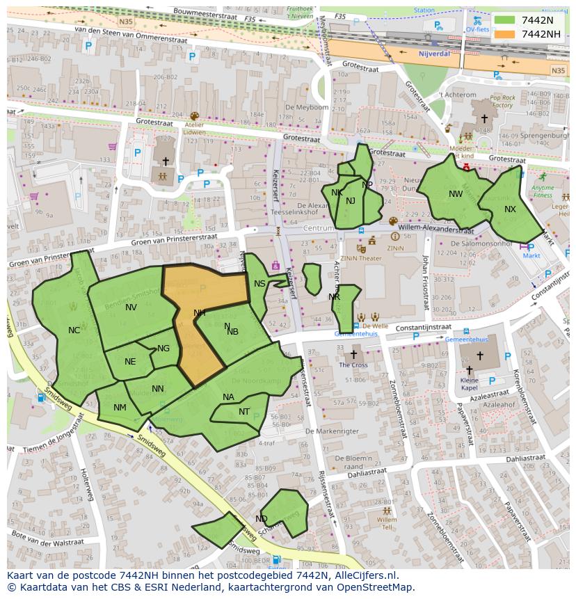Afbeelding van het postcodegebied 7442 NH op de kaart.