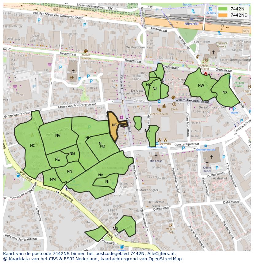 Afbeelding van het postcodegebied 7442 NS op de kaart.
