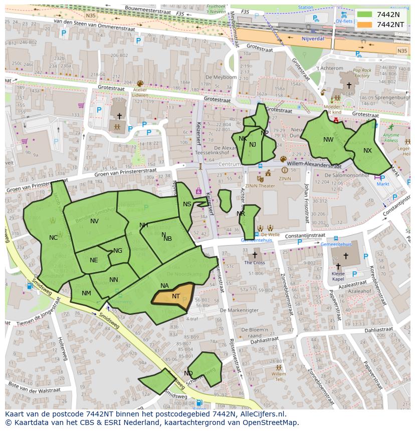 Afbeelding van het postcodegebied 7442 NT op de kaart.