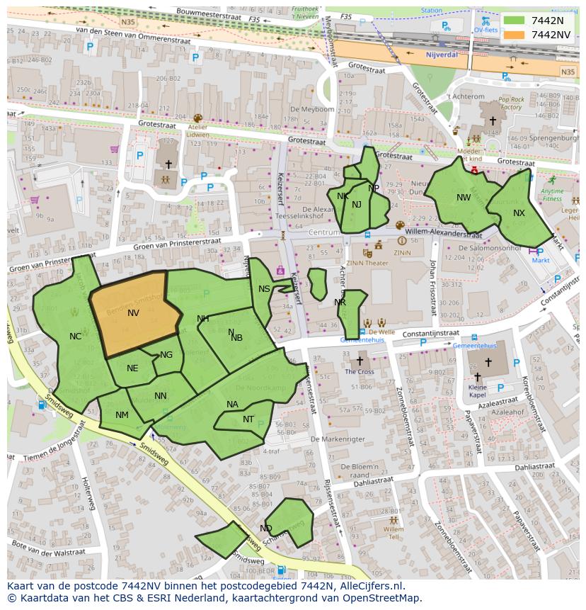Afbeelding van het postcodegebied 7442 NV op de kaart.