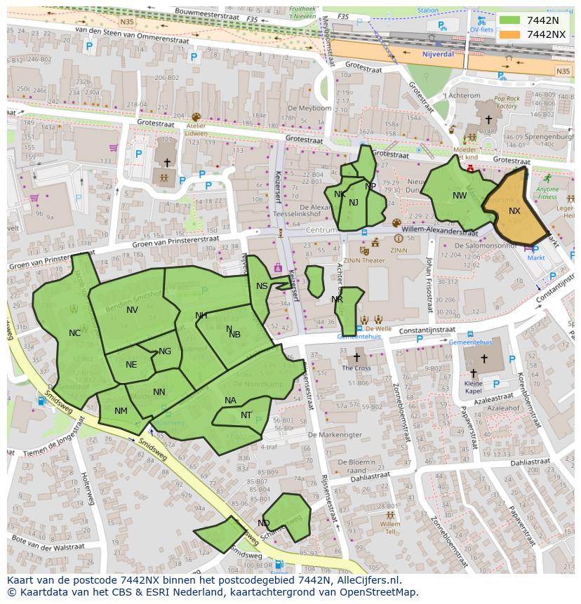 Afbeelding van het postcodegebied 7442 NX op de kaart.