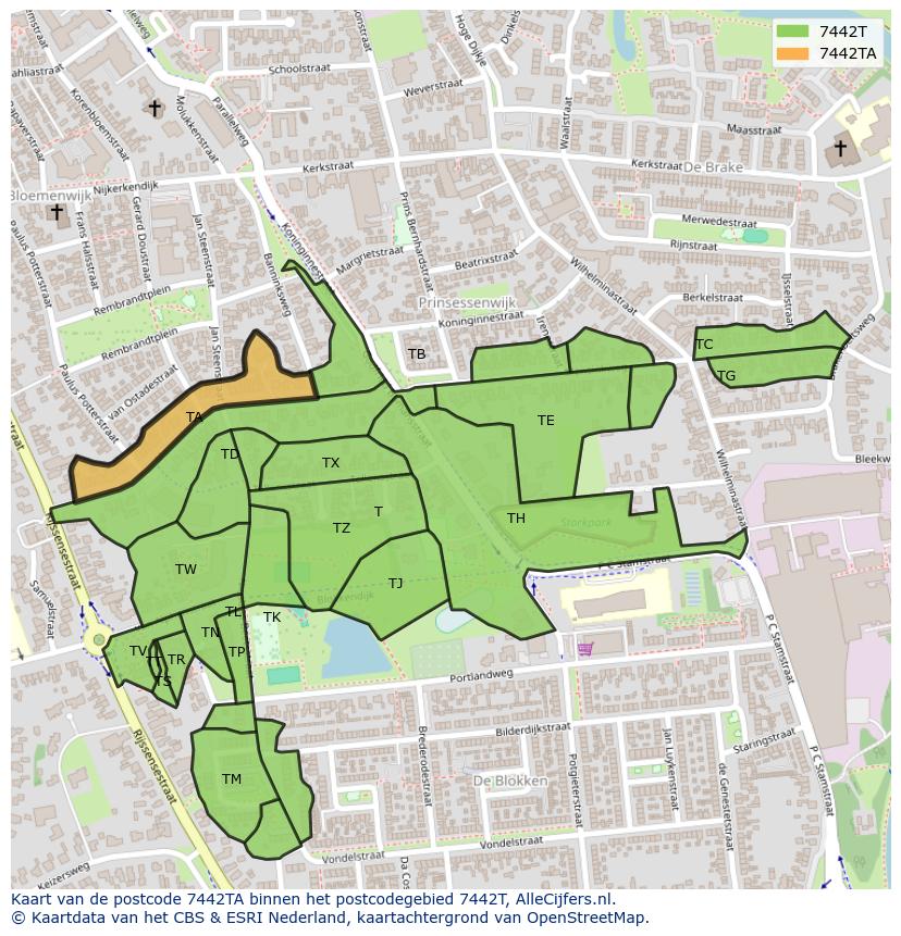 Afbeelding van het postcodegebied 7442 TA op de kaart.