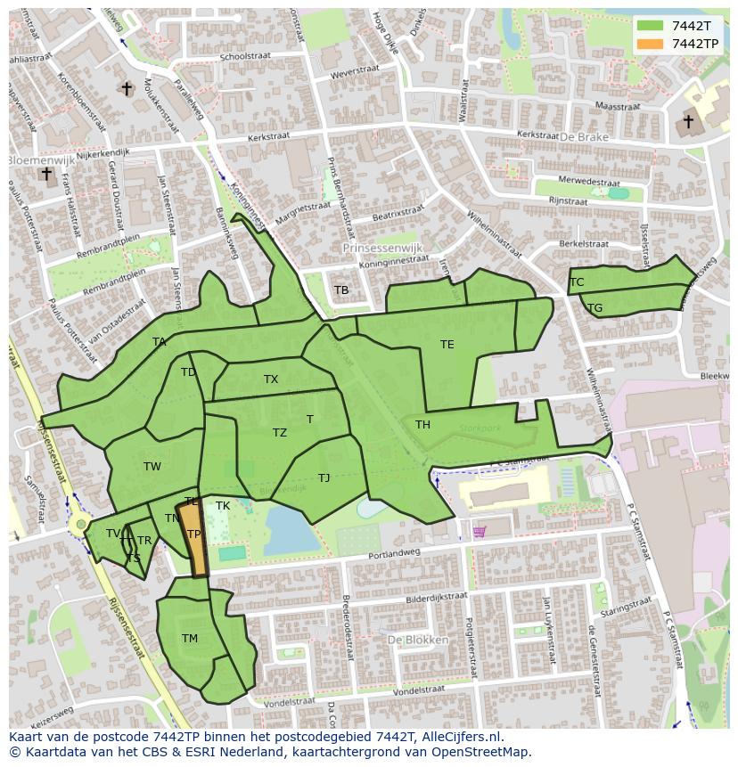Afbeelding van het postcodegebied 7442 TP op de kaart.