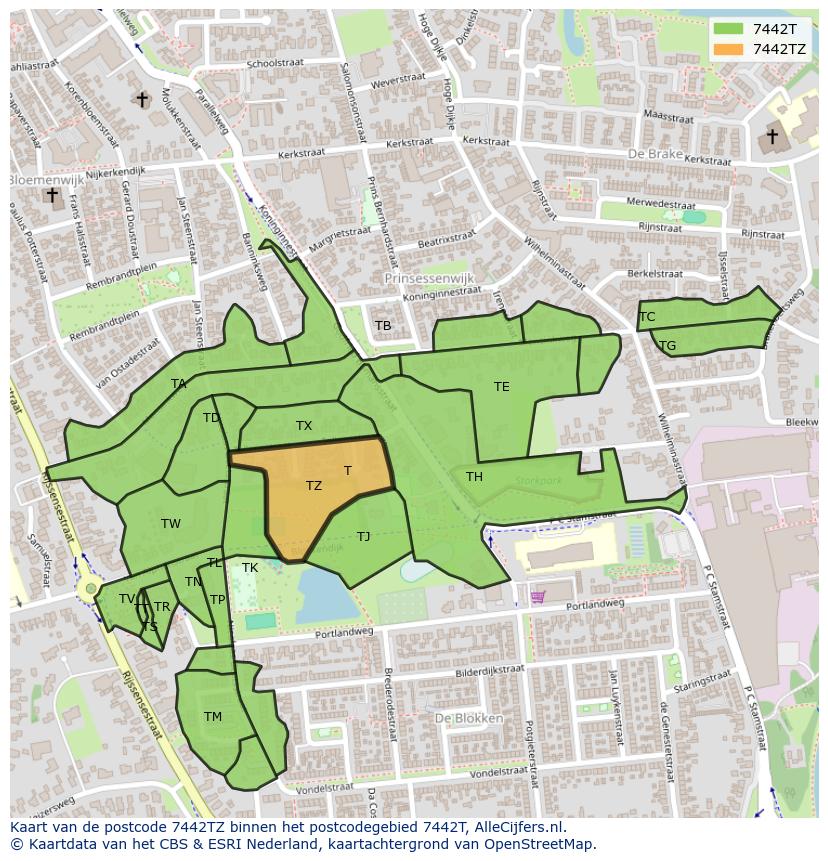 Afbeelding van het postcodegebied 7442 TZ op de kaart.