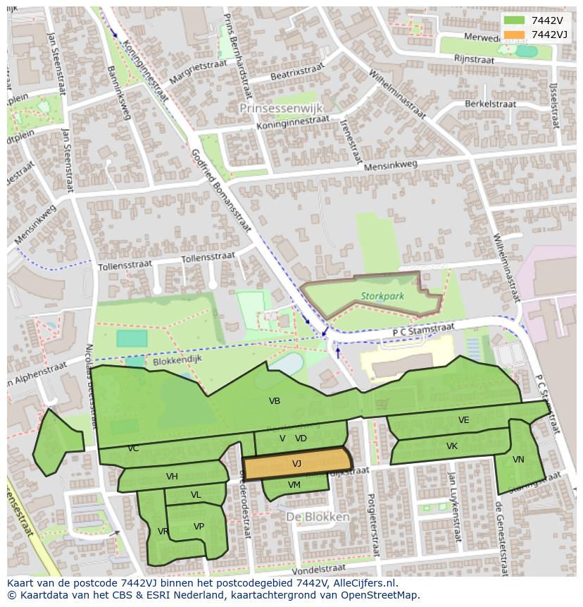 Afbeelding van het postcodegebied 7442 VJ op de kaart.