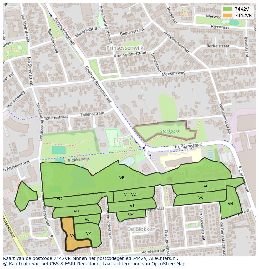 Afbeelding van het postcodegebied 7442 VR op de kaart.