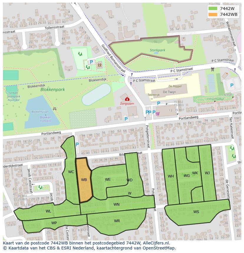 Afbeelding van het postcodegebied 7442 WB op de kaart.