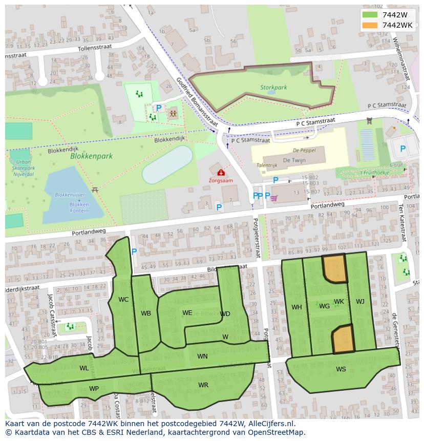 Afbeelding van het postcodegebied 7442 WK op de kaart.