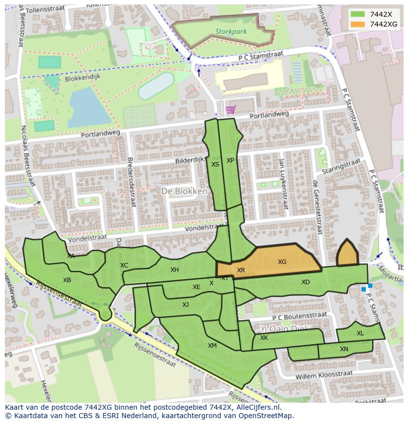 Afbeelding van het postcodegebied 7442 XG op de kaart.
