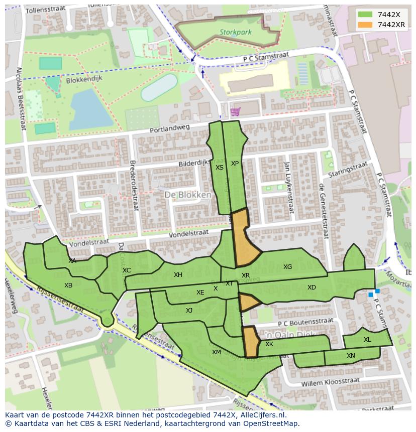 Afbeelding van het postcodegebied 7442 XR op de kaart.