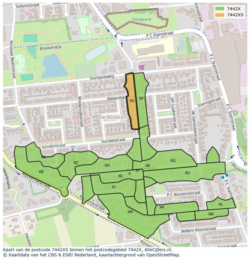 Afbeelding van het postcodegebied 7442 XS op de kaart.