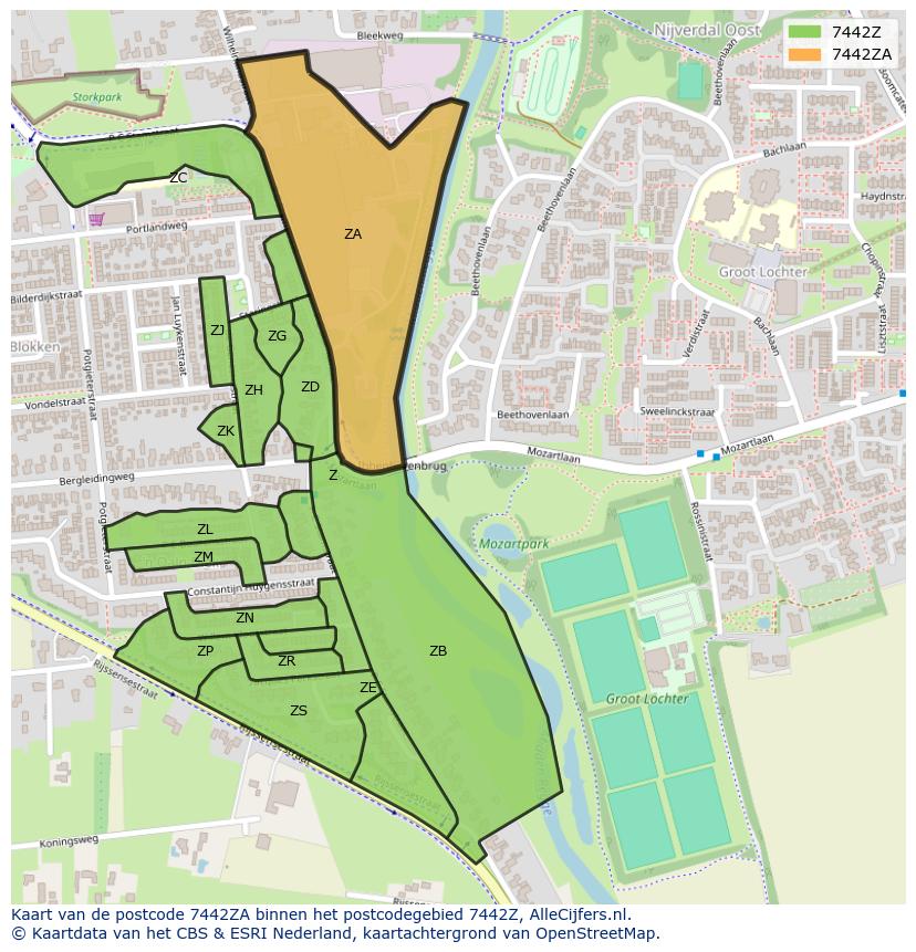 Afbeelding van het postcodegebied 7442 ZA op de kaart.