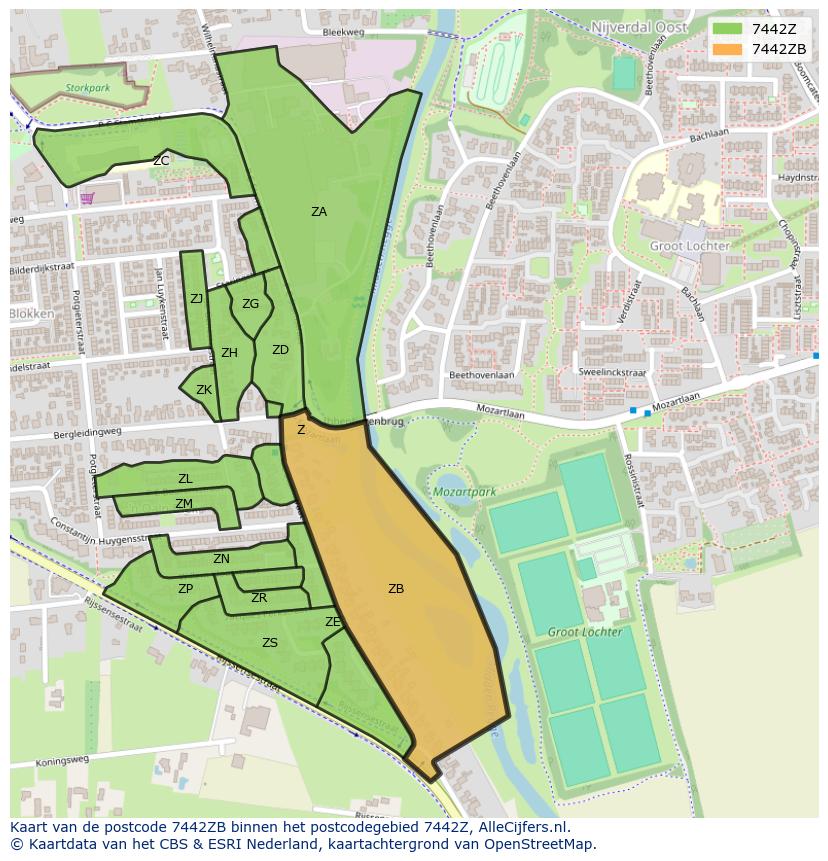 Afbeelding van het postcodegebied 7442 ZB op de kaart.