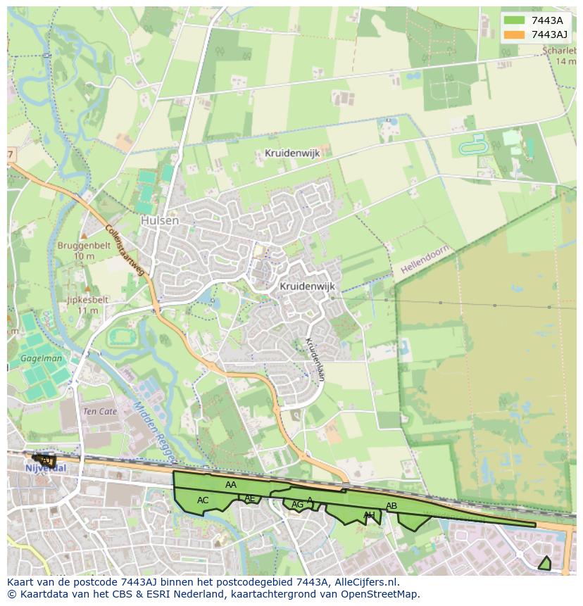 Afbeelding van het postcodegebied 7443 AJ op de kaart.